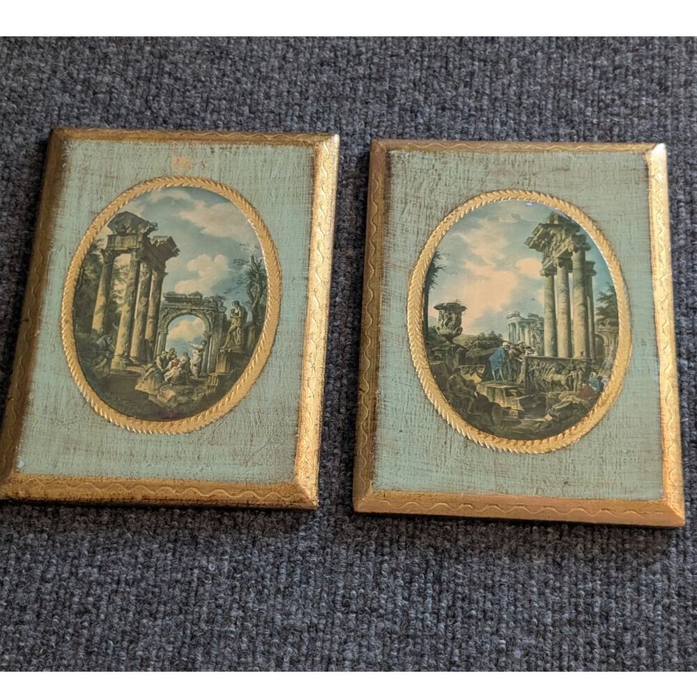 Pair of Antique Florentine Made in Italy Wall Plaques Prints of Roman Ruins